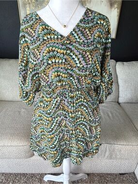 LOFT Green Floral V-Neck Elastic Waist Tunic